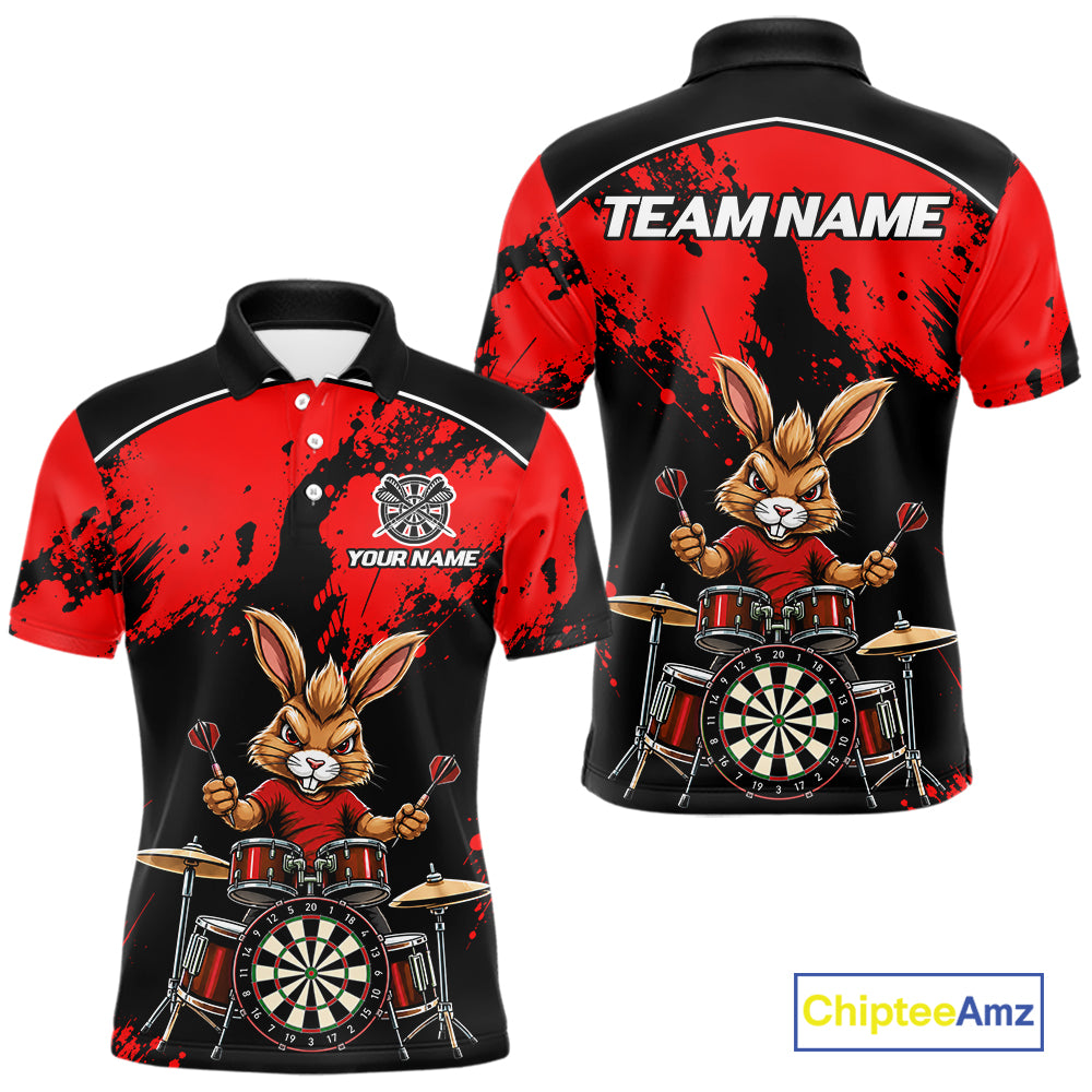 Black And Red Funny Rabbit Drummer Darts Shirts For Men Custom Darts Team Jersey, Darts Gifts TDM8035