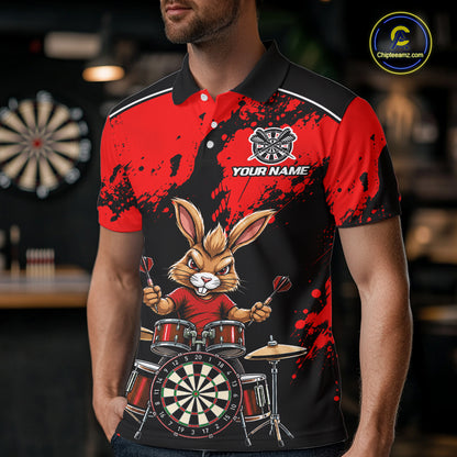 Black And Red Funny Rabbit Drummer Darts Shirts For Men Custom Darts Team Jersey, Darts Gifts TDM8035