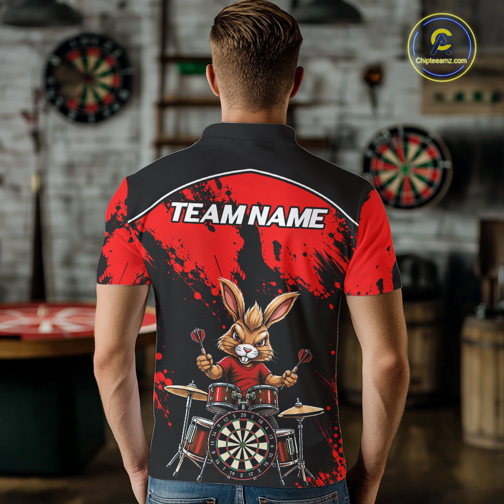 Black And Red Funny Rabbit Drummer Darts Shirts For Men Custom Darts Team Jersey, Darts Gifts TDM8035