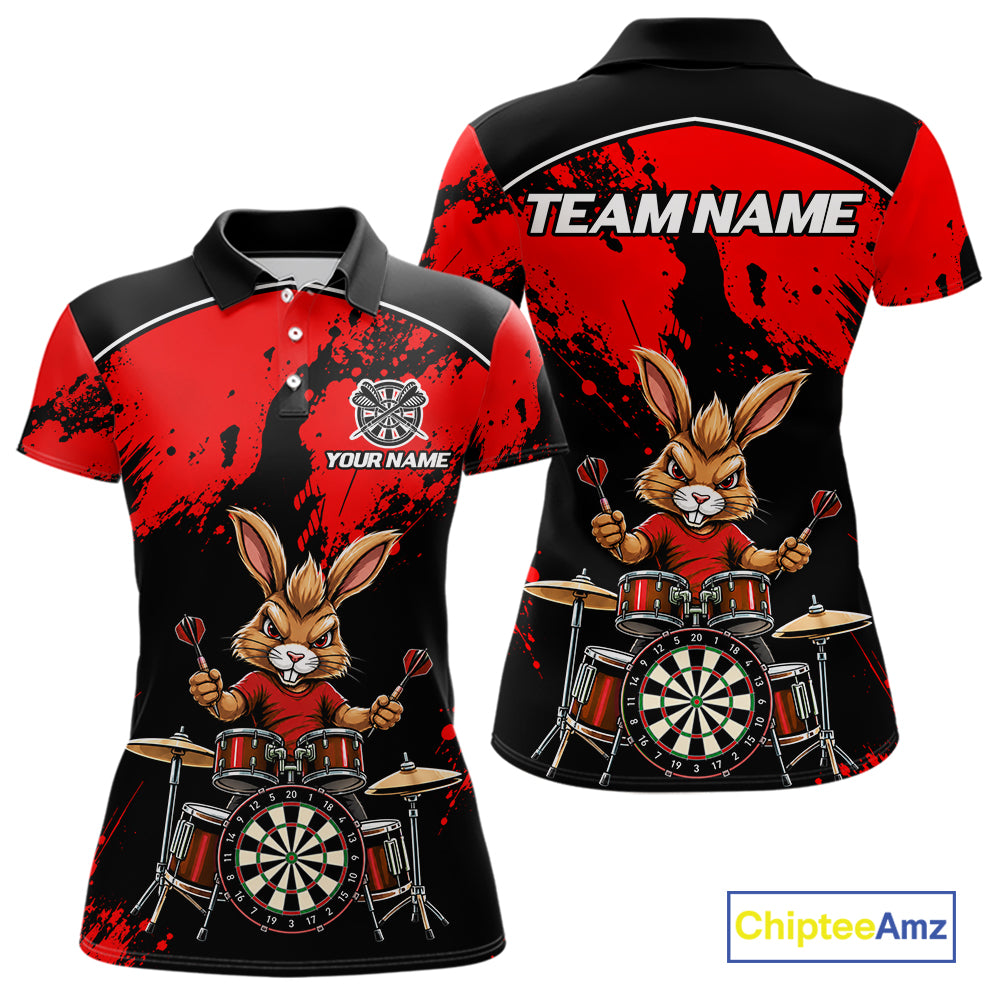 Black And Red Funny Rabbit Drummer Darts Shirts For Women Custom Darts Team Jersey, Darts Gifts TDM8035