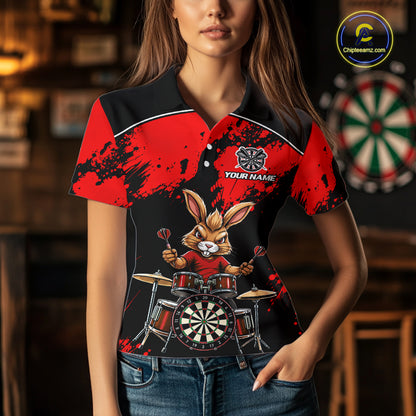 Black And Red Funny Rabbit Drummer Darts Shirts For Women Custom Darts Team Jersey, Darts Gifts TDM8035