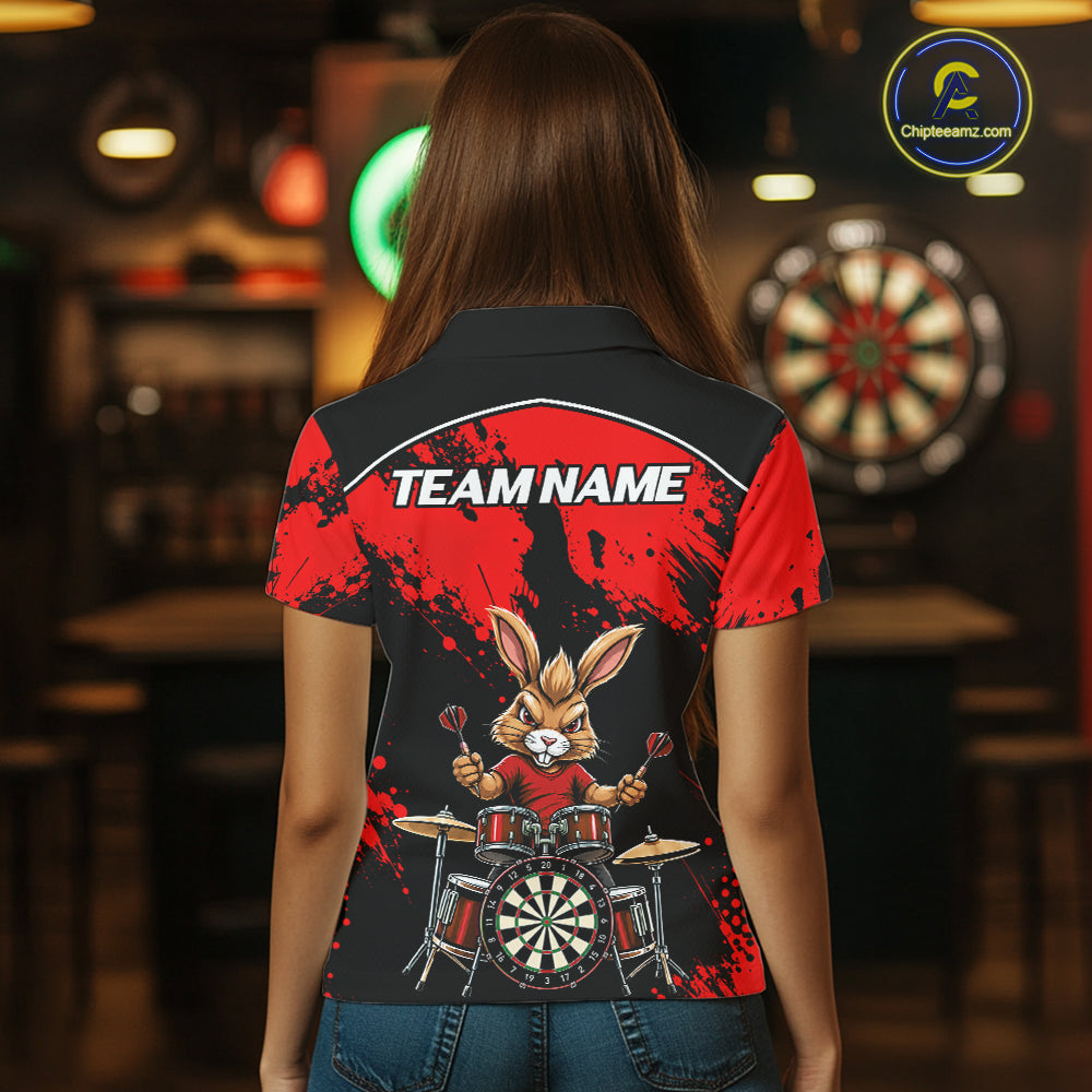 Black And Red Funny Rabbit Drummer Darts Shirts For Women Custom Darts Team Jersey, Darts Gifts TDM8035
