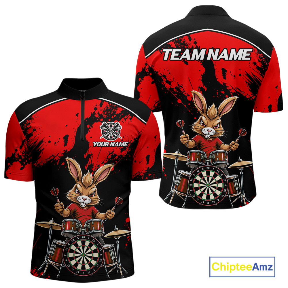 Black And Red Funny Rabbit Drummer Darts Shirts For Men Custom Darts Team Jersey, Darts Gifts TDM8035