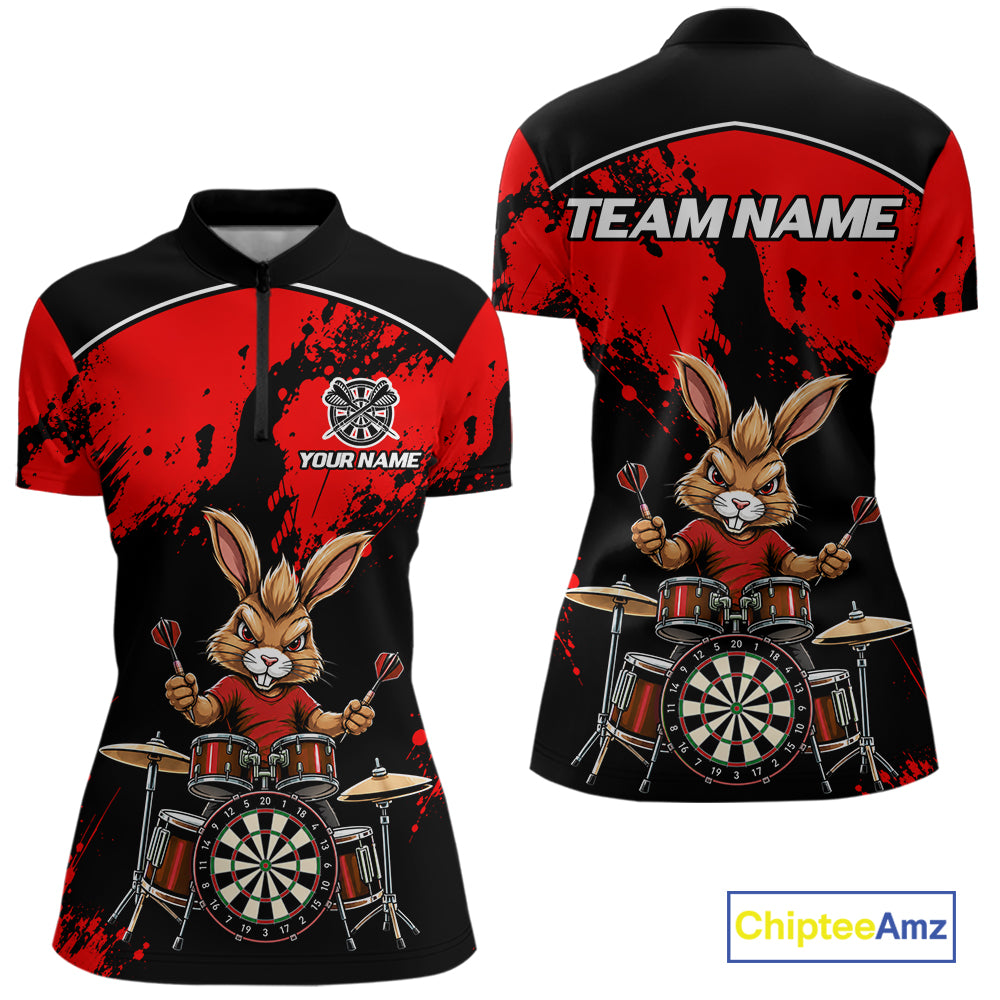 Black And Red Funny Rabbit Drummer Darts Shirts For Women Custom Darts Team Jersey, Darts Gifts TDM8035