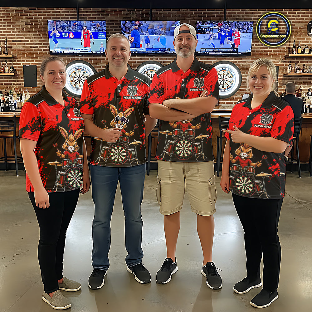Black And Red Funny Rabbit Drummer Darts Shirts For Men Custom Darts Team Jersey, Darts Gifts TDM8035