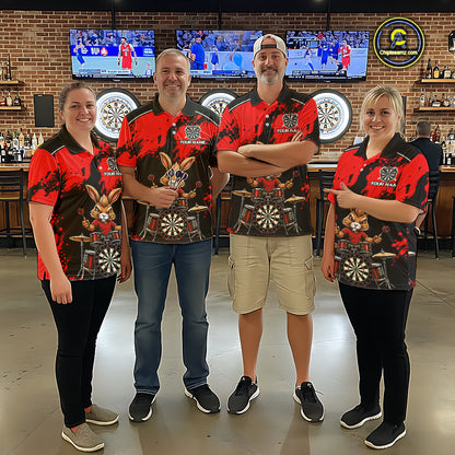 Black And Red Funny Rabbit Drummer Darts Shirts For Men Custom Darts Team Jersey, Darts Gifts TDM8035