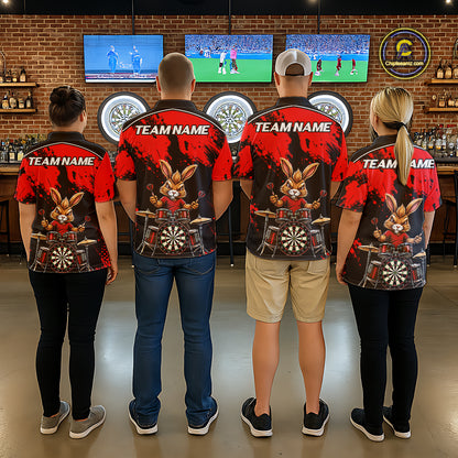 Black And Red Funny Rabbit Drummer Darts Shirts For Men Custom Darts Team Jersey, Darts Gifts TDM8035