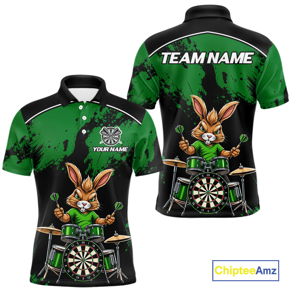 Black And Green Funny Rabbit Drummer Darts Shirts For Men Custom Darts Team Jersey, Darts Gifts TDM8036