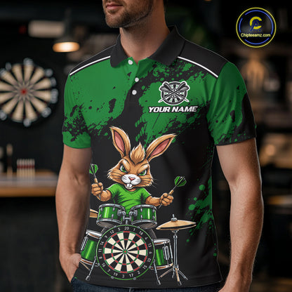 Black And Green Funny Rabbit Drummer Darts Shirts For Men Custom Darts Team Jersey, Darts Gifts TDM8036