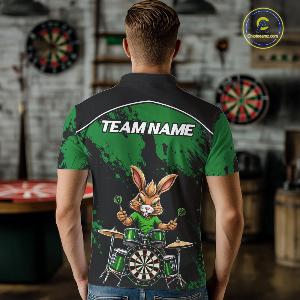 Black And Green Funny Rabbit Drummer Darts Shirts For Men Custom Darts Team Jersey, Darts Gifts TDM8036