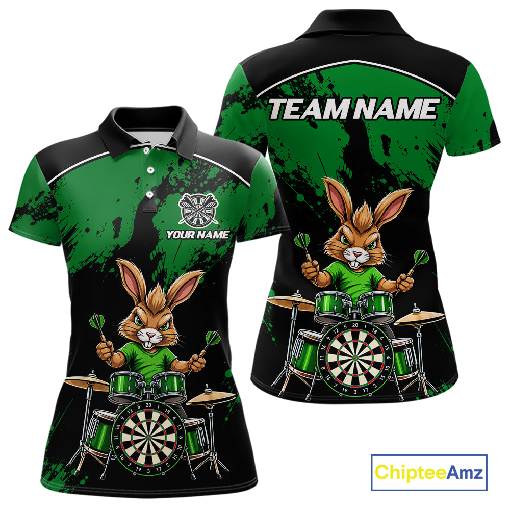 Black And Green Funny Rabbit Drummer Darts Shirts For Women Custom Darts Team Jersey, Darts Gifts TDM8036