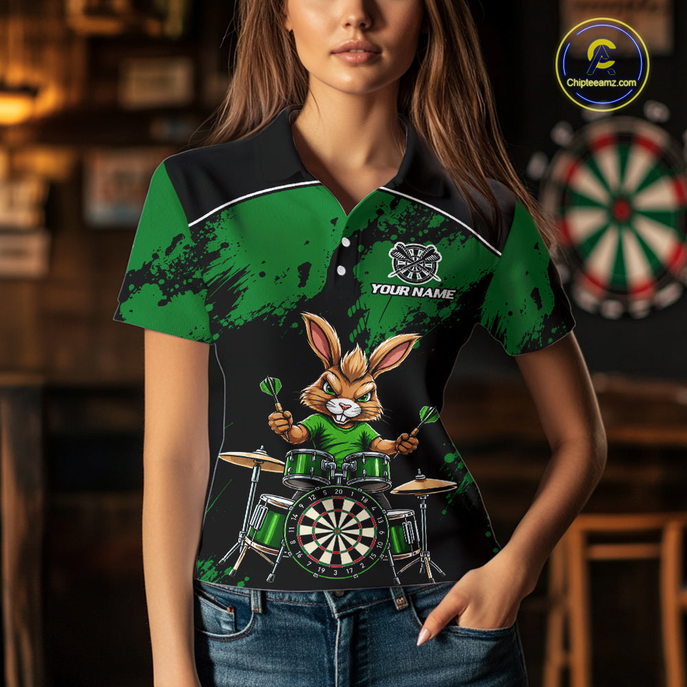 Black And Green Funny Rabbit Drummer Darts Shirts For Women Custom Darts Team Jersey, Darts Gifts TDM8036