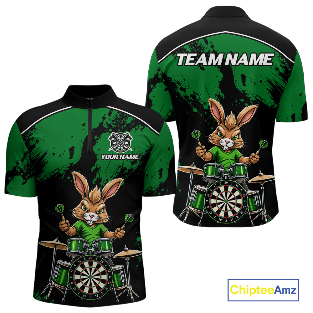 Black And Green Funny Rabbit Drummer Darts Shirts For Men Custom Darts Team Jersey, Darts Gifts TDM8036