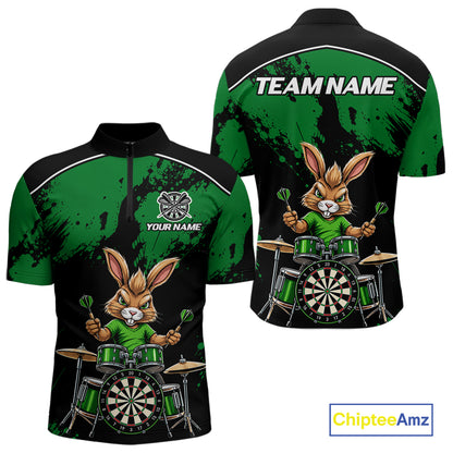 Black And Green Funny Rabbit Drummer Darts Shirts For Men Custom Darts Team Jersey, Darts Gifts TDM8036