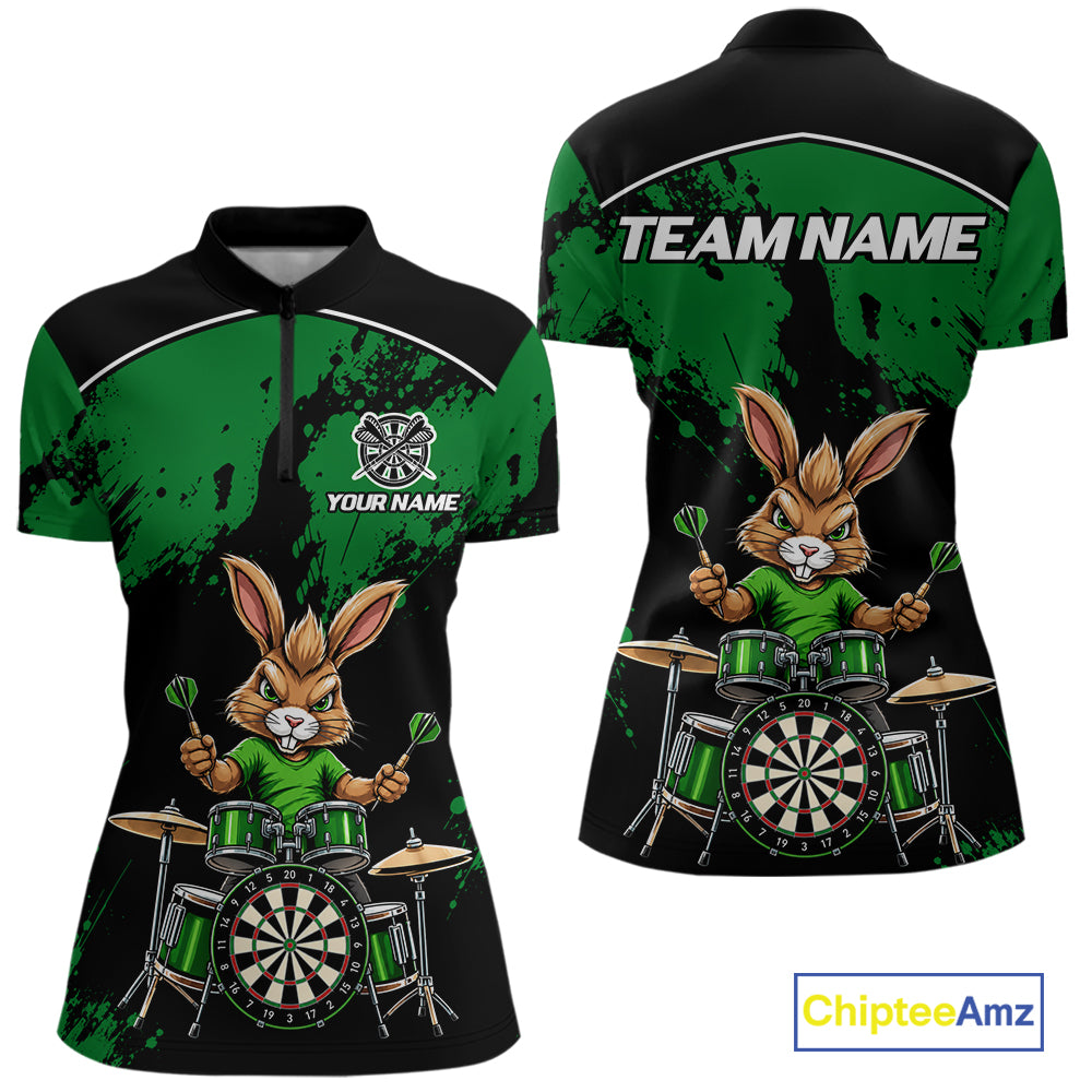 Black And Green Funny Rabbit Drummer Darts Shirts For Women Custom Darts Team Jersey, Darts Gifts TDM8036