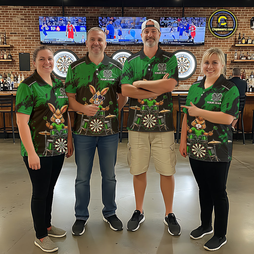 Black And Green Funny Rabbit Drummer Darts Shirts For Women Custom Darts Team Jersey, Darts Gifts TDM8036