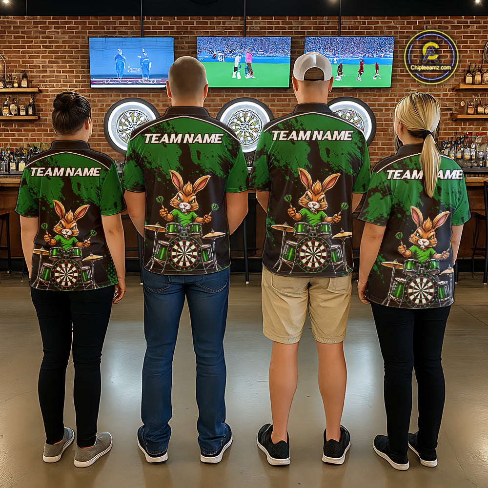Black And Green Funny Rabbit Drummer Darts Shirts For Women Custom Darts Team Jersey, Darts Gifts TDM8036
