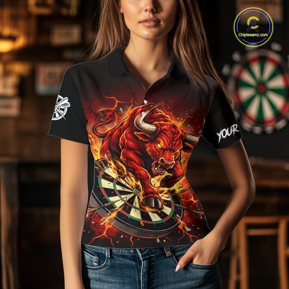 Black And Red Funny Bull Darts Jersey For Women Custom Darts League Team Shirts Polo & 1/4 Zip TDM8041