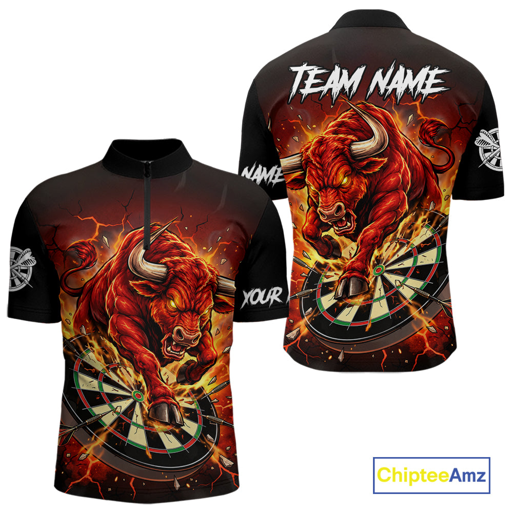 Black And Red Funny Bull Darts Jersey For Men Custom Darts League Team Shirts Polo & 1/4 Zip TDM8041