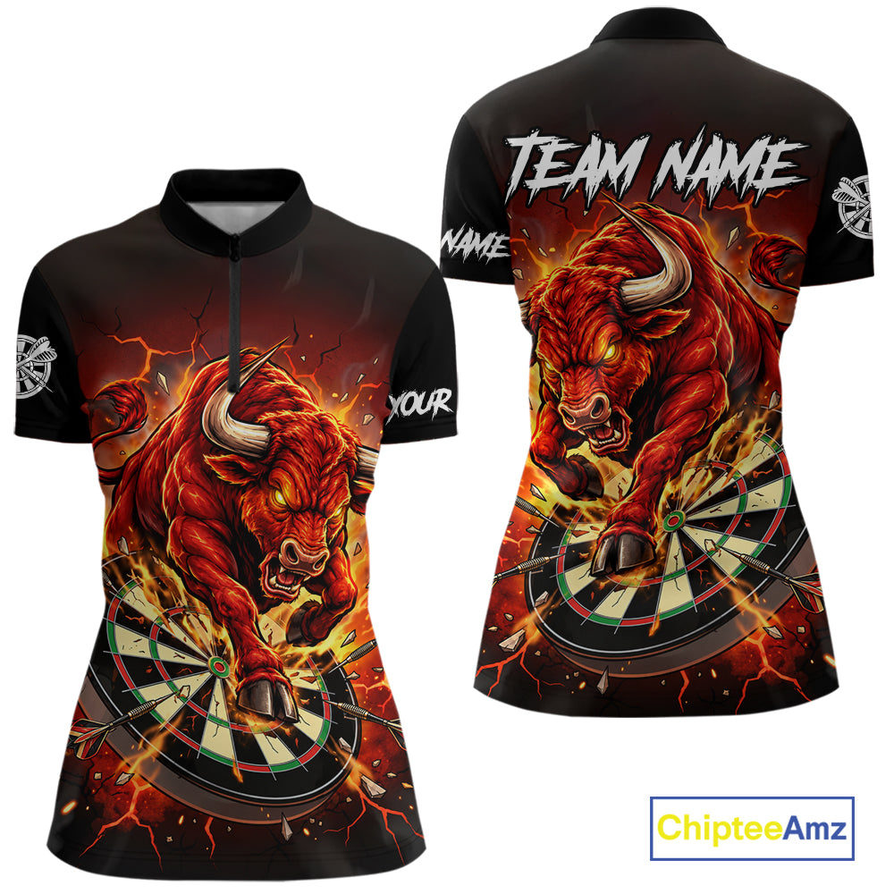 Black And Red Funny Bull Darts Jersey For Women Custom Darts League Team Shirts Polo & 1/4 Zip TDM8041