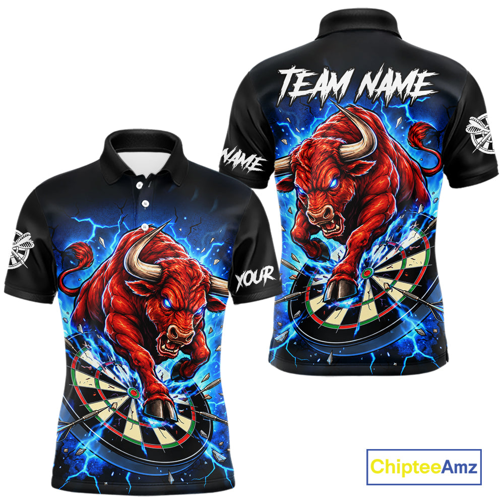 Black And Blue Funny Bull Darts Jersey For Men Custom Darts League Team Shirts Polo & 1/4 Zip TDM8042