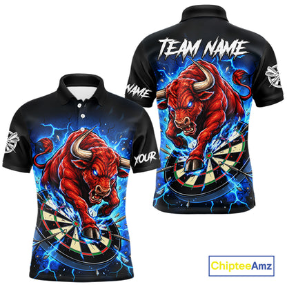 Black And Blue Funny Bull Darts Jersey For Men Custom Darts League Team Shirts Polo & 1/4 Zip TDM8042