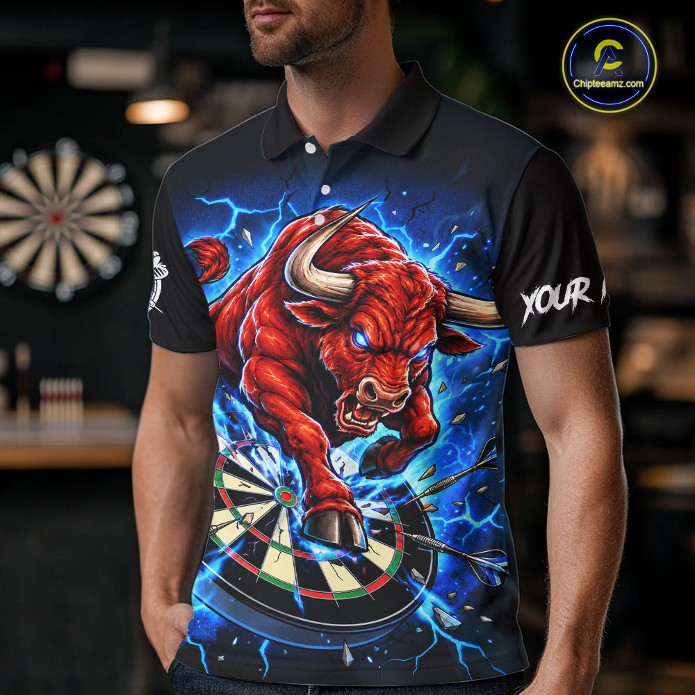 Black And Blue Funny Bull Darts Jersey For Men Custom Darts League Team Shirts Polo & 1/4 Zip TDM8042