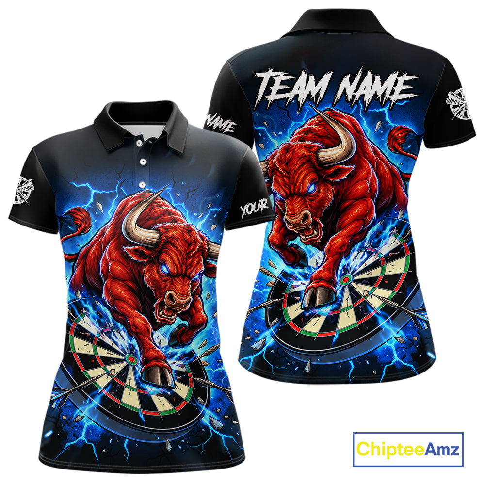 Black And Blue Funny Bull Darts Jersey For Women Custom Darts League Team Shirts Polo & 1/4 Zip TDM8042