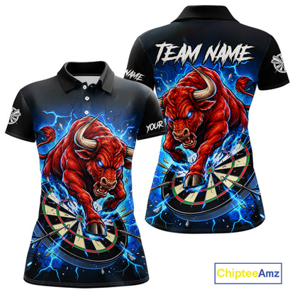 Black And Blue Funny Bull Darts Jersey For Women Custom Darts League Team Shirts Polo & 1/4 Zip TDM8042