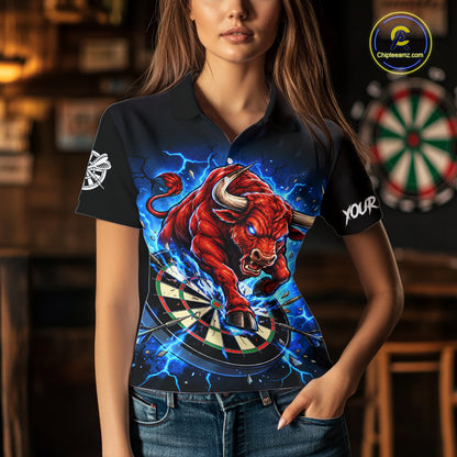 Black And Blue Funny Bull Darts Jersey For Women Custom Darts League Team Shirts Polo & 1/4 Zip TDM8042