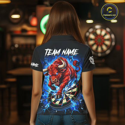 Black And Blue Funny Bull Darts Jersey For Women Custom Darts League Team Shirts Polo & 1/4 Zip TDM8042