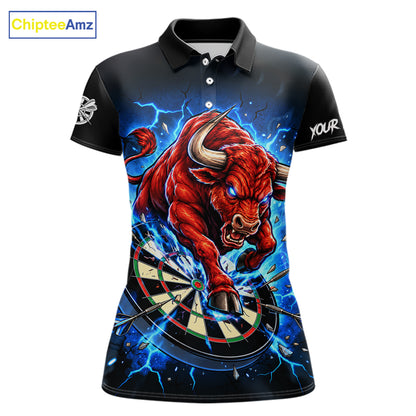 Black And Blue Funny Bull Darts Jersey For Women Custom Darts League Team Shirts Polo & 1/4 Zip TDM8042