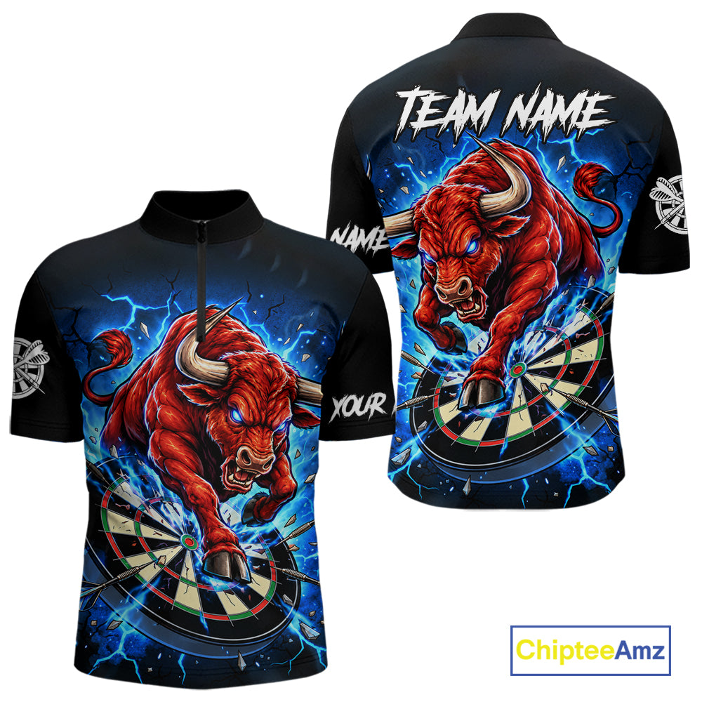 Black And Blue Funny Bull Darts Jersey For Men Custom Darts League Team Shirts Polo & 1/4 Zip TDM8042