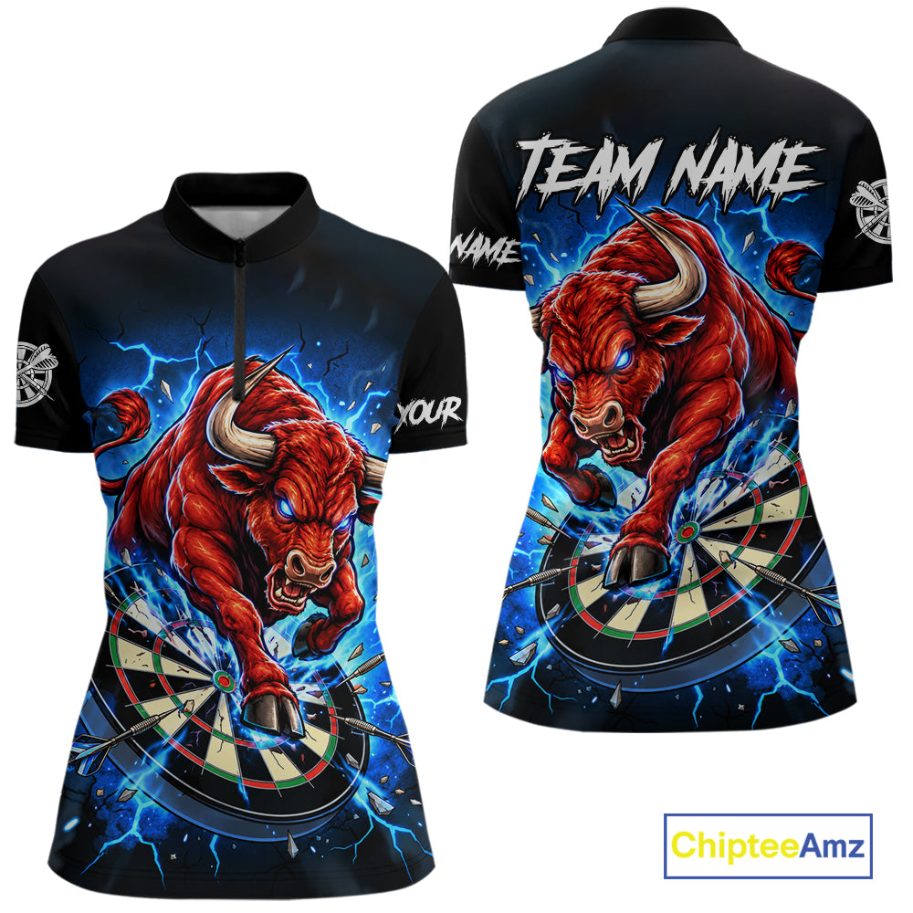 Black And Blue Funny Bull Darts Jersey For Women Custom Darts League Team Shirts Polo & 1/4 Zip TDM8042