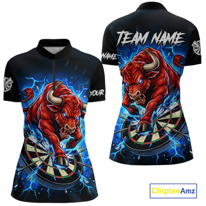 Black And Blue Funny Bull Darts Jersey For Women Custom Darts League Team Shirts Polo & 1/4 Zip TDM8042