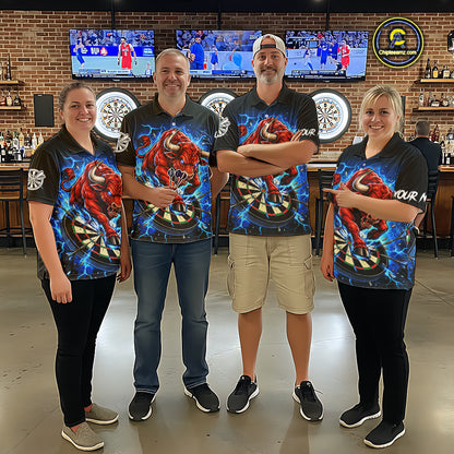 Black And Blue Funny Bull Darts Jersey For Men Custom Darts League Team Shirts Polo & 1/4 Zip TDM8042