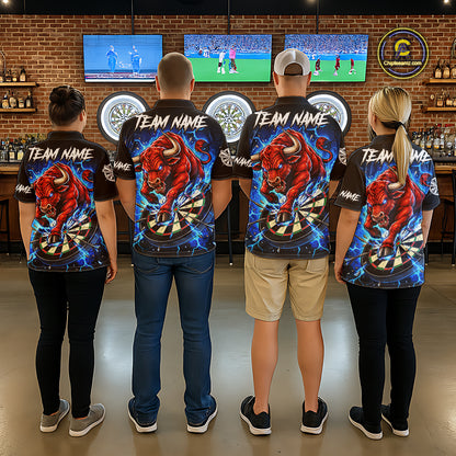 Black And Blue Funny Bull Darts Jersey For Men Custom Darts League Team Shirts Polo & 1/4 Zip TDM8042