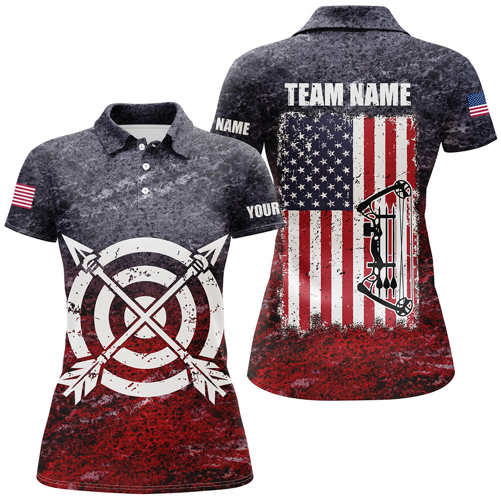 Personalized Retro USA Flag Women Archery Polo Shirts, Patriotic US Archery Jerseys For Team Archer TDM1022