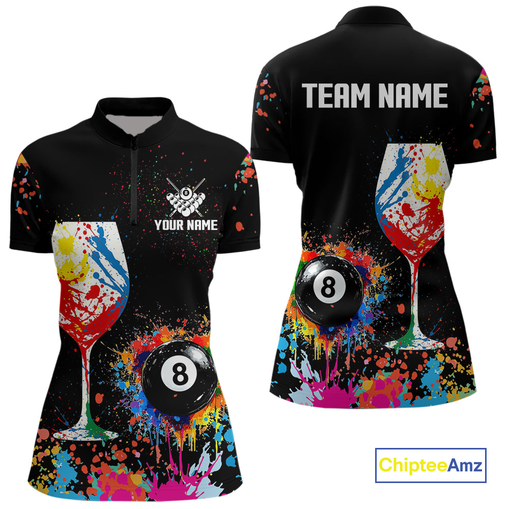 Personalized Colorful Splash 8 Ball Billiard Shirts For Women, Funny Wine Glass Custom Pool Jerseys TDM4100