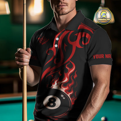 Black And Red Tribal Flame 8 Ball Pool Billiards Shirts For Men Custom Pool Team Jerseys TDM4101