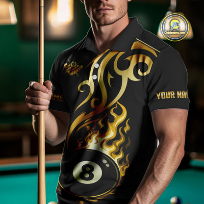 Black And Gold Tribal Flame 8 Ball Pool Billiards Shirts For Men Custom Pool Team Jerseys TDM4102