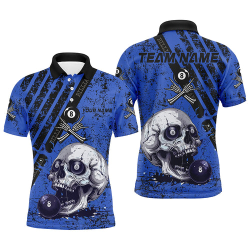 Personalized Grunge Blue Billiard Skull Custom Men Billiard Shirts, Billiard Pool Team Club Uniform TDM1930