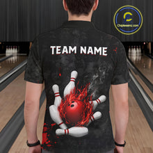 Load image into Gallery viewer, Man wearing black and red grunge fire bowling polo shirt back view.
