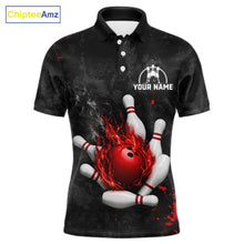 Load image into Gallery viewer, Black and red grunge fire bowling polo shirt for men, custom bowling team jersey uniform.