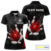 Load image into Gallery viewer, Black and red grunge fire bowling team polo shirt for women with flame graphics.