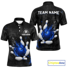 Load image into Gallery viewer, Black and blue grunge fire bowling team polo shirt for men with flame graphics.