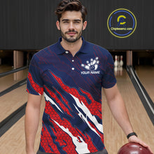 Load image into Gallery viewer, Man wearing blue and red US flag bowling polo shirt front view.