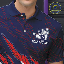 Load image into Gallery viewer, Close up of blue and red US flag bowling polo shirt collar, buttons and chest design.