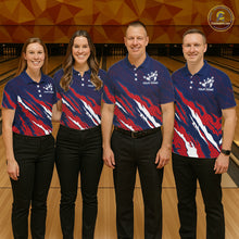 Load image into Gallery viewer, Bowling team wearing matching blue and red US flag jerseys front view.