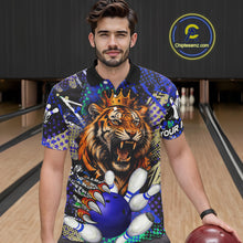 Load image into Gallery viewer, Man wearing blue graffiti tiger bowling polo shirt front view.
